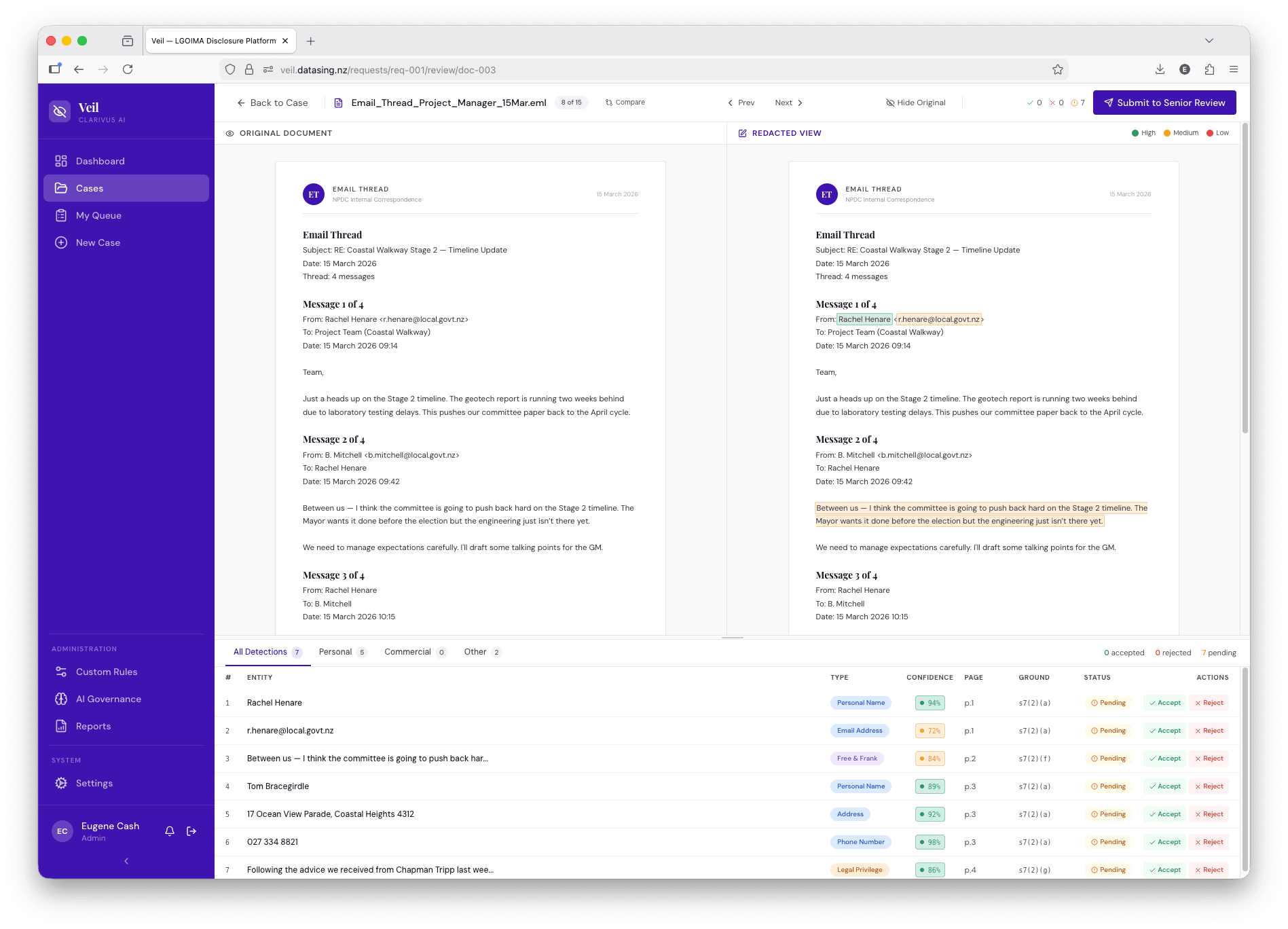 AI detection panel showing entities with confidence scores, grounds, and accept/reject actions